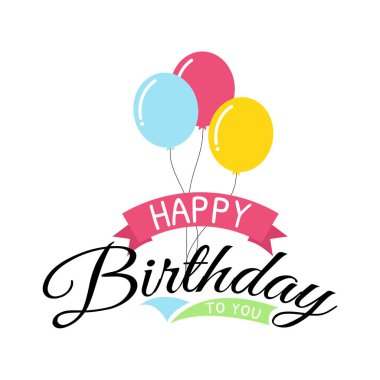 Mutlu yıllar sana yeşil kurdele ve renkli parti tipografisi ile beyaz arkaplan vektör illüstrasyonunda izole edilmiş balonlar