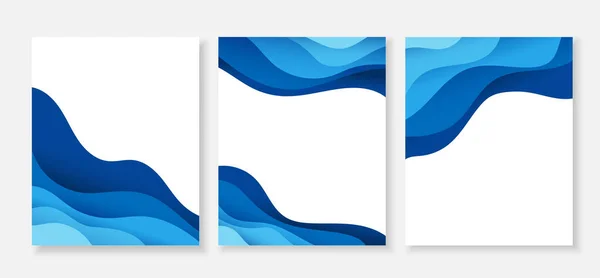 Blue Ocean Wave Flowing Curve Banner Set Design Poster Vector — Stock Vector