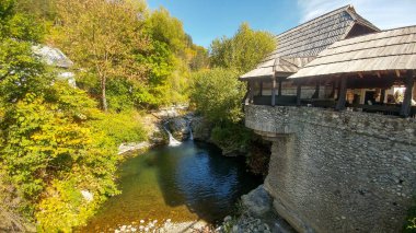 Nehir, bir binanın yanındaki ağaçların arasında bir gölete akıyor.