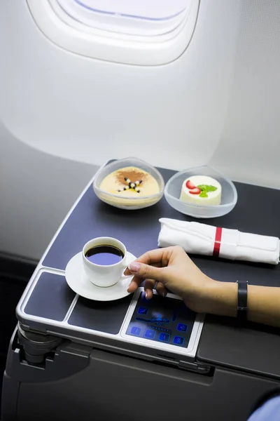 Cup Fresh Coffee Table Airplane Interior — Stock Photo, Image