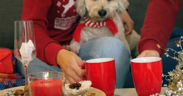 Mujeres mano sacando malvavisco de la taza de chocolate caliente — Foto de Stock