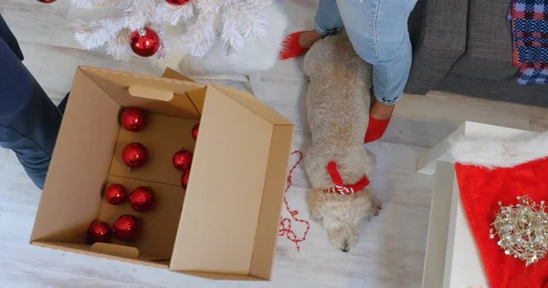 Пара рук, що прикрашають біле дерево Christmass з червоними кульками — стокове фото