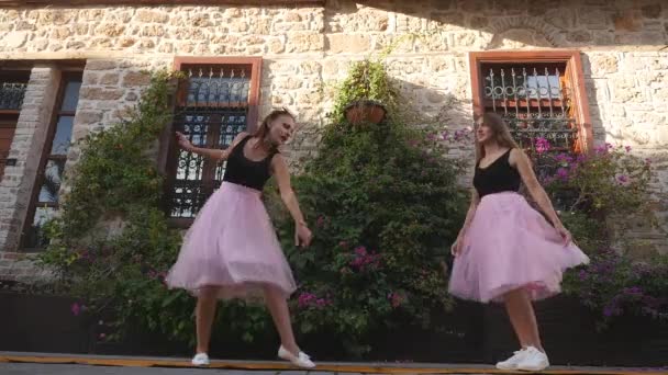 Модный образ жизни две молодые женщины в юбках из тюля смешно встречают друг друга — стоковое видео