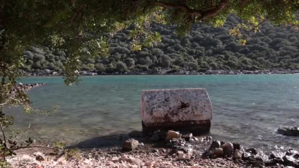 Broken ancient crypt stands in the water near sea shore in Kekova — Stock Video