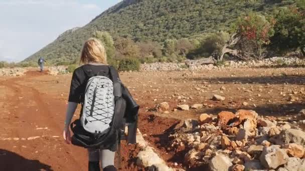 Mujer excursionista con mochila en la pasarela — Vídeos de Stock