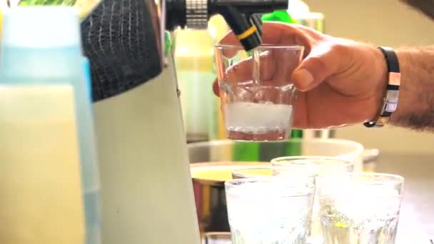Barkeeper schüttet Mineralwasser in Gläser — Stockvideo