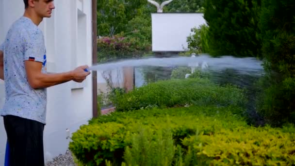 Irrigazione giardino con tubo — Video Stock