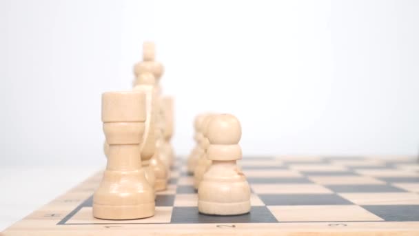 Dva šachové týmy před jinou barvou bílou a černou na šachovnici — Stock video