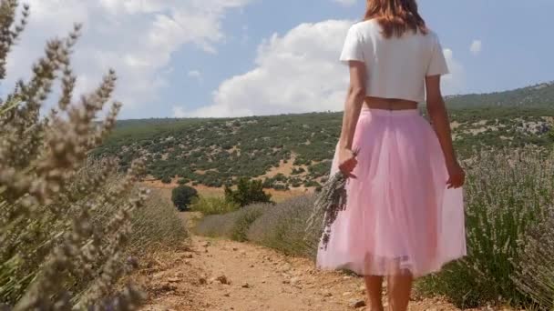 Young woman walking in the lavender field — Stok video