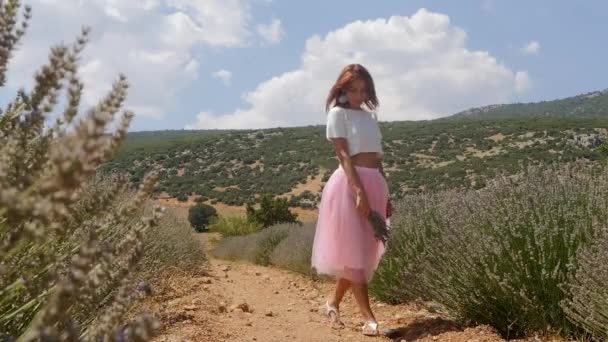 Nuori nainen kävelee laventelipellolla — kuvapankkivideo