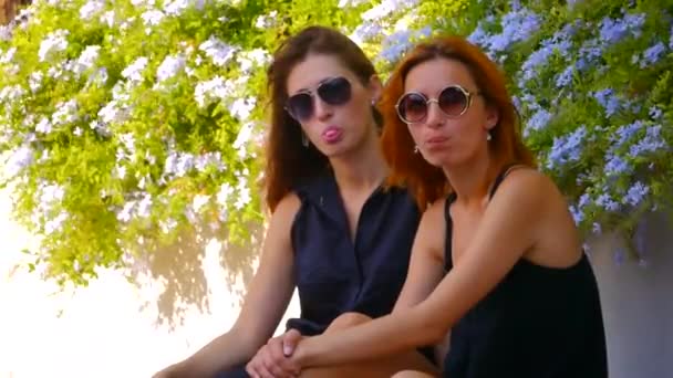Две улыбающиеся милые девушки жуют жвачку — стоковое видео