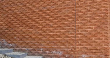 Young woman walking by red brick wall