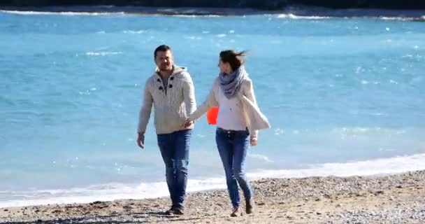 Пара на побаченні, що йде біля моря — стокове відео