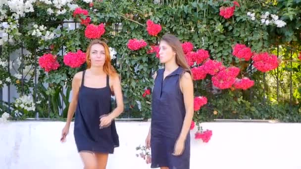 Hübsch lächelnde und tanzende Frauen auf der Straße — Stockvideo