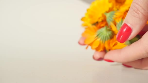 Vrouwen hand zet calendula op witte tafel — Stockvideo