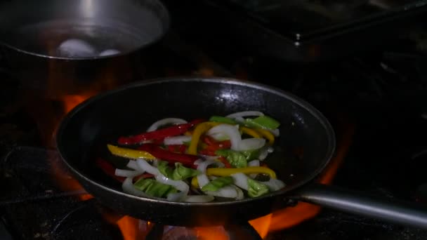 Professionell och eld. Matlagning grönsaker och mat över en öppen eld på en mörk bakgrund — Stockvideo