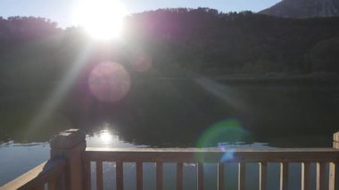 Mutlu genç kadın iskelede gülümsüyor