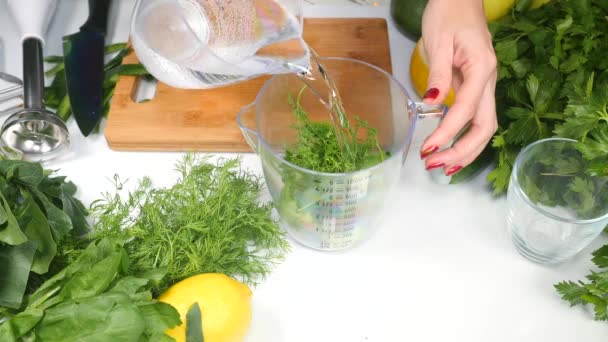 Womans hands preparing healthy green cocktail — Stok video
