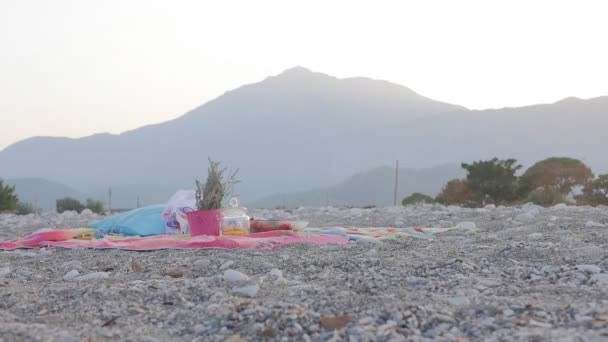 Concetto di vacanza estiva con lavanda, frutta e biscotti sulla spiaggia — Video Stock