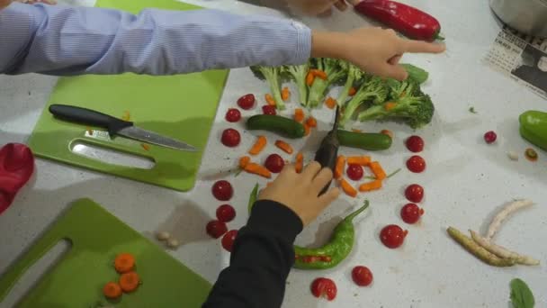 Concepto de comida creativa de una divertida cara de dibujos animados hechos de verduras — Vídeos de Stock