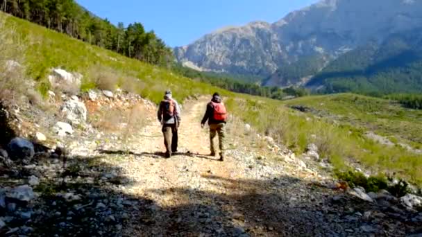 Hikers walking outdoors wearing hiker backpacks. — Stock Video