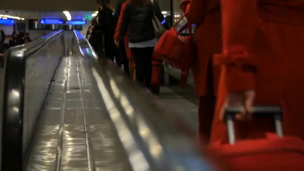 Hostess su scala mobile con valigie in aeroporto . — Video Stock