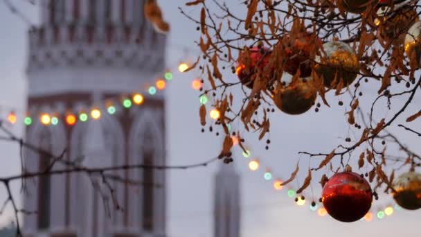 Weihnachtsdekoration. Bäume in Girlanden. — Stockvideo