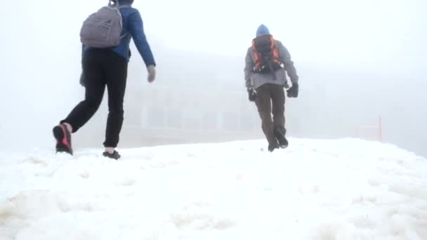 Wanderer gehen im Freien mit Wanderrucksäcken. — Stockvideo