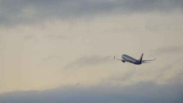 Flugzeug in blauem Himmel fliegt davon — Stockvideo