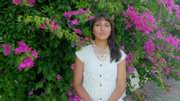 Hermosa mujer en el fondo de la pared de flores — Vídeos de Stock