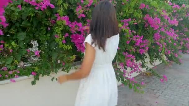 Bella donna sullo sfondo della parete fiori — Video Stock