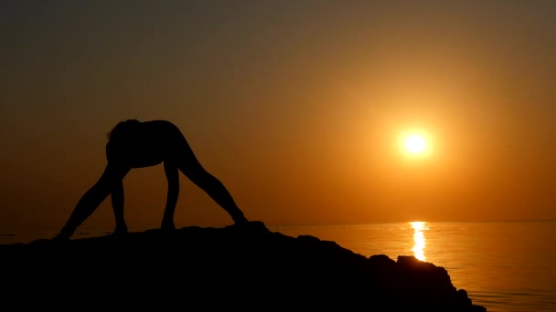 Sportieve mooie jonge vrouw die zich uitstrekt in de ochtend — Stockvideo