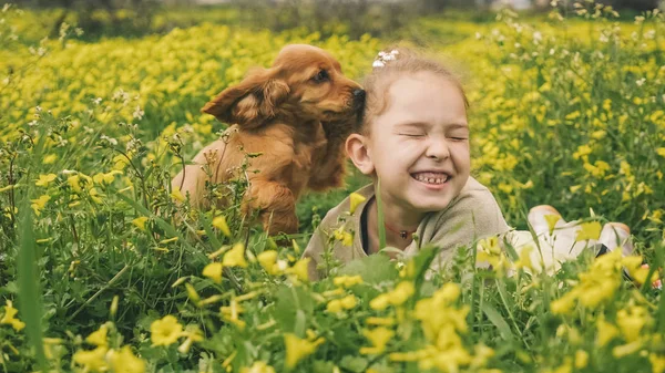 Bir köpek yavrusu ile yeşil çim üzerinde oynayan güzel kız