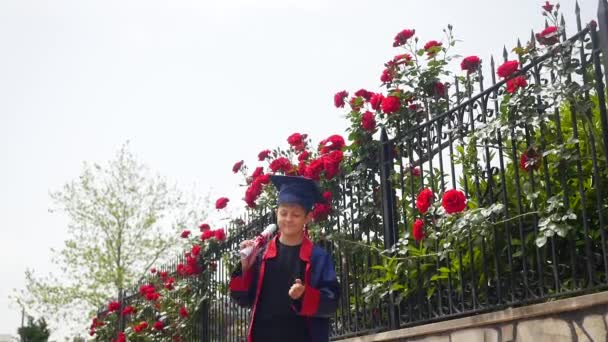 Щаслива біла дитина у випускному платті з дипломом стоїть біля кам'яного паркану, повного диких троянд — стокове відео