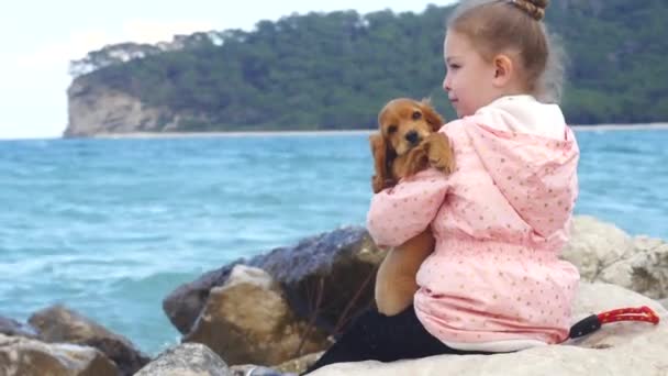 Kleines Mädchen sitzt mit ihrem süßen Welpen auf den Felsen — Stockvideo