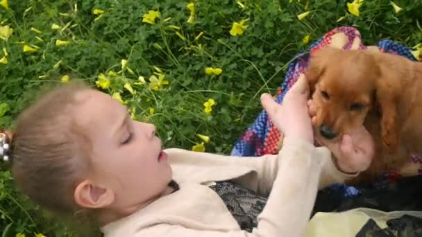 Mooi meisje spelen op groen gras met een puppy — Stockvideo