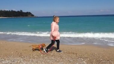 Küçük kız tasması onu köpek yavrusu yürüyüş