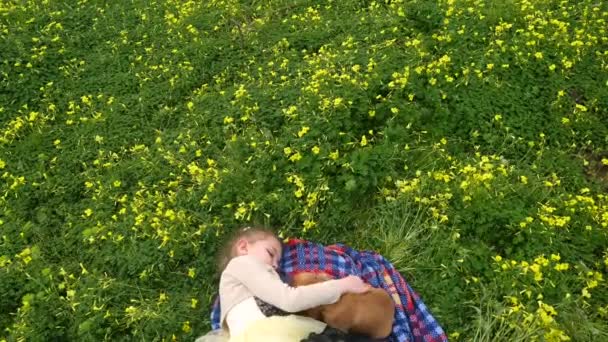 Mooi meisje leggen op groen gras met een puppy — Stockvideo