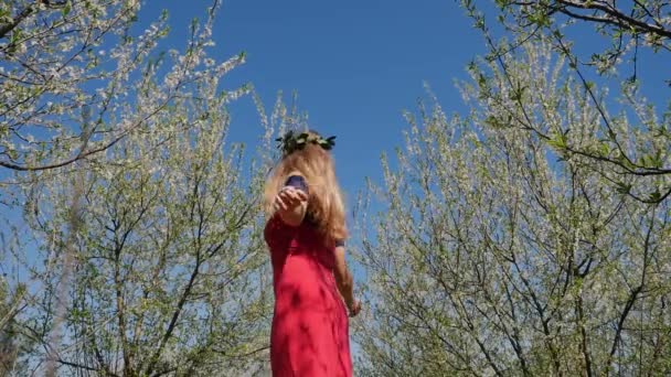 Joven hermosa mujer en vestido largo de pie en el jardín de flores de primavera — Vídeo de stock