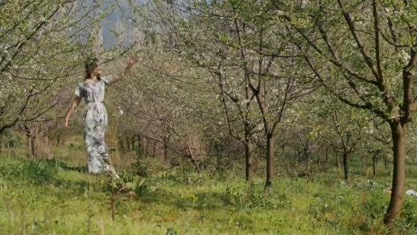 Junge schöne Frau im langen Kleid, die im Frühlingsblütengarten spaziert — Stockvideo