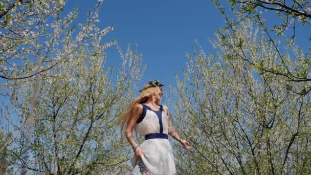 Joven hermosa mujer en vestido largo de pie en el jardín de flores de primavera — Vídeo de stock