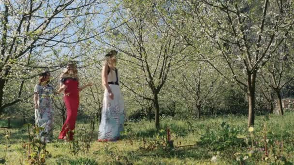 Bahar çiçekleri bahçesinde yürüyen uzun elbiseli güzel kadınlar. — Stok video