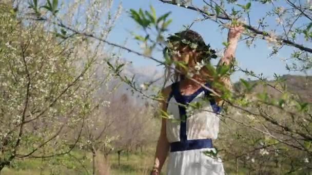 Ung, vakker kvinne i lang kjole som går i vår blomstrende hage – stockvideo