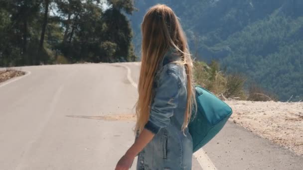 美丽的年轻女士在牛仔裤衣服拿着大手袋搭便车阳光明媚的户外 — 图库视频影像