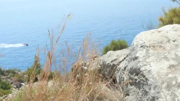 Close-up van droog gras op de rotsen en alleen jacht sailling op azuurblauwe water in de Middellandse Zee — Stockvideo
