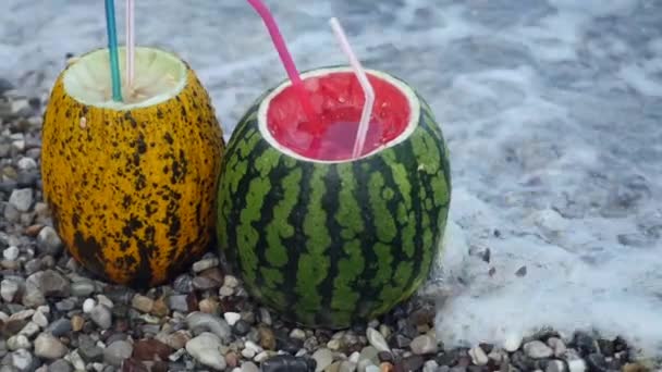 Fresh Thai melon and watermelon bowl cocktail on the marble beach — Stock Video
