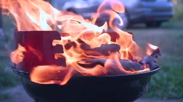 Flaming backyard charcoal barbecue grill. — Stock Video