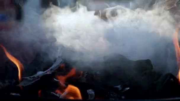 Пылающий барбекю на заднем дворе. Курение щепы на гриле барбекю . — стоковое видео