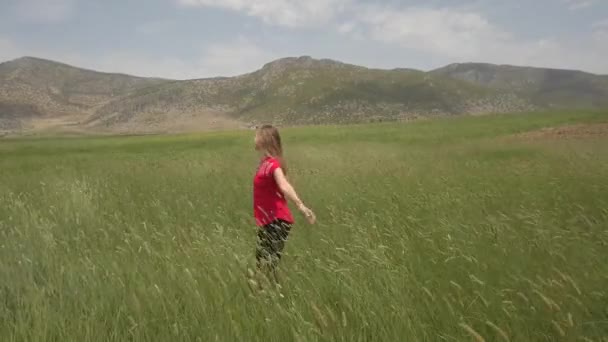 Молодая девушка счастливо танцует в замедленной съемке в зеленом поле, касаясь ушей пшеницы вручную — стоковое видео