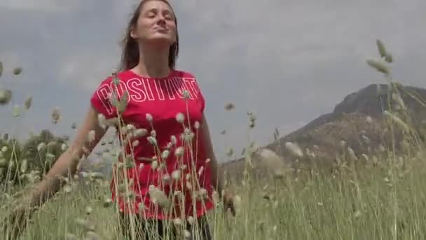 Ein junges Mädchen, das glücklich in Zeitlupe durch ein grünes Feld geht und die Ähren mit der Hand berührt — Stockvideo